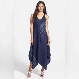 Eileen Fisher Midnight Navy 100% Irish Linen Handkerchief Midi Dress, size L